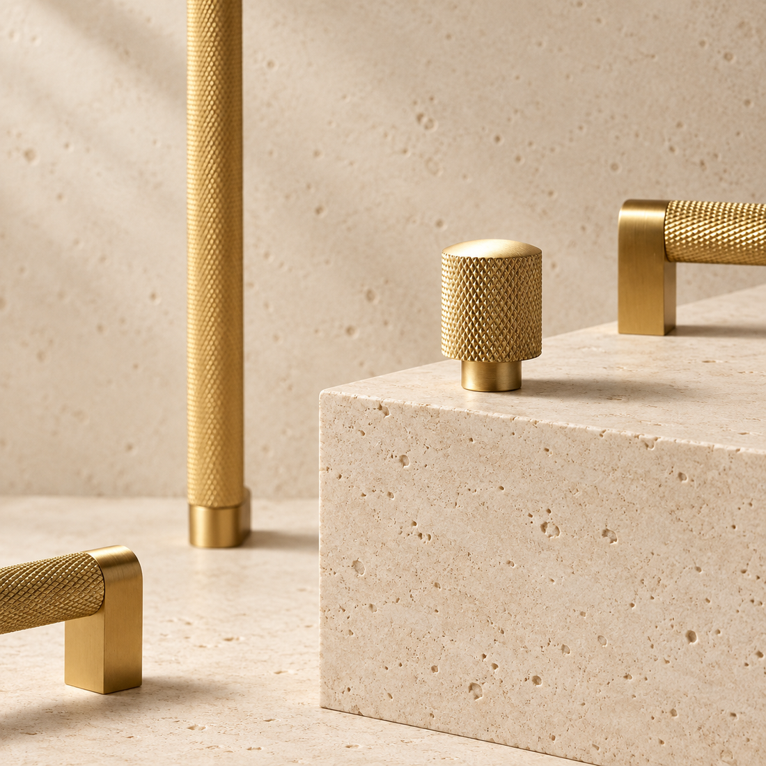 Solid Brass Knurled Knob displayed on pale limestone.
