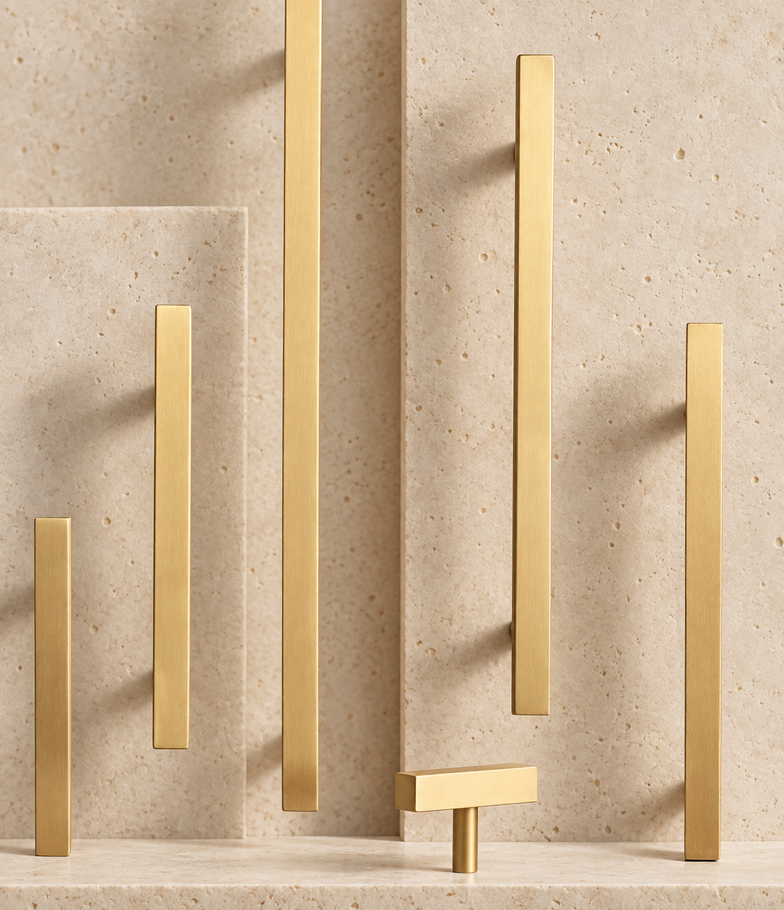 Solid Brass Square Handle displayed on pale limestone.