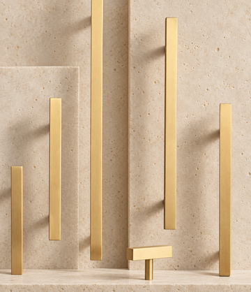 Solid Brass Square Handle displayed on pale limestone.