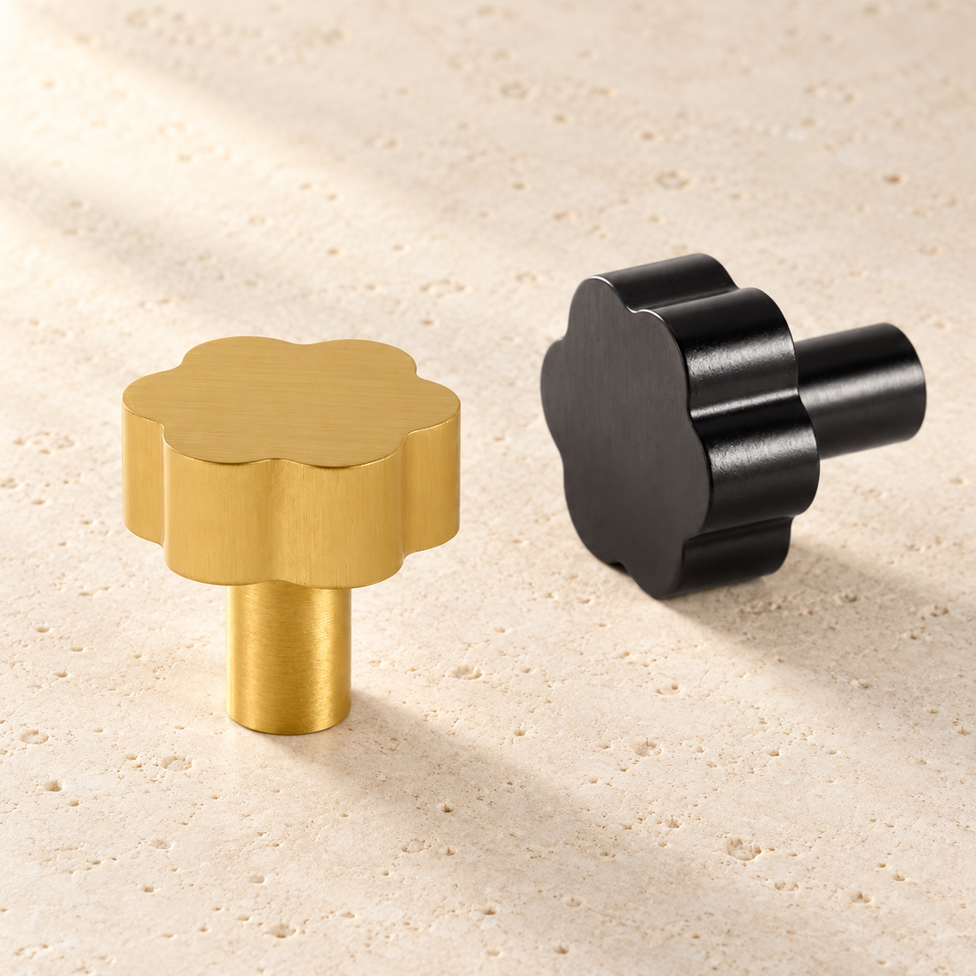 Flower Cabinet Knob displayed on pale limestone.