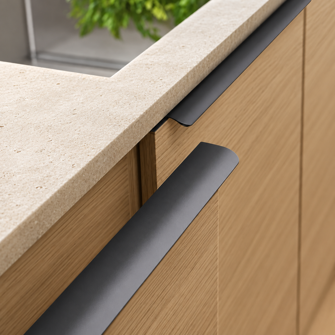 Hidden Cabinet Edge Pull Handle displayed on pale limestone.
