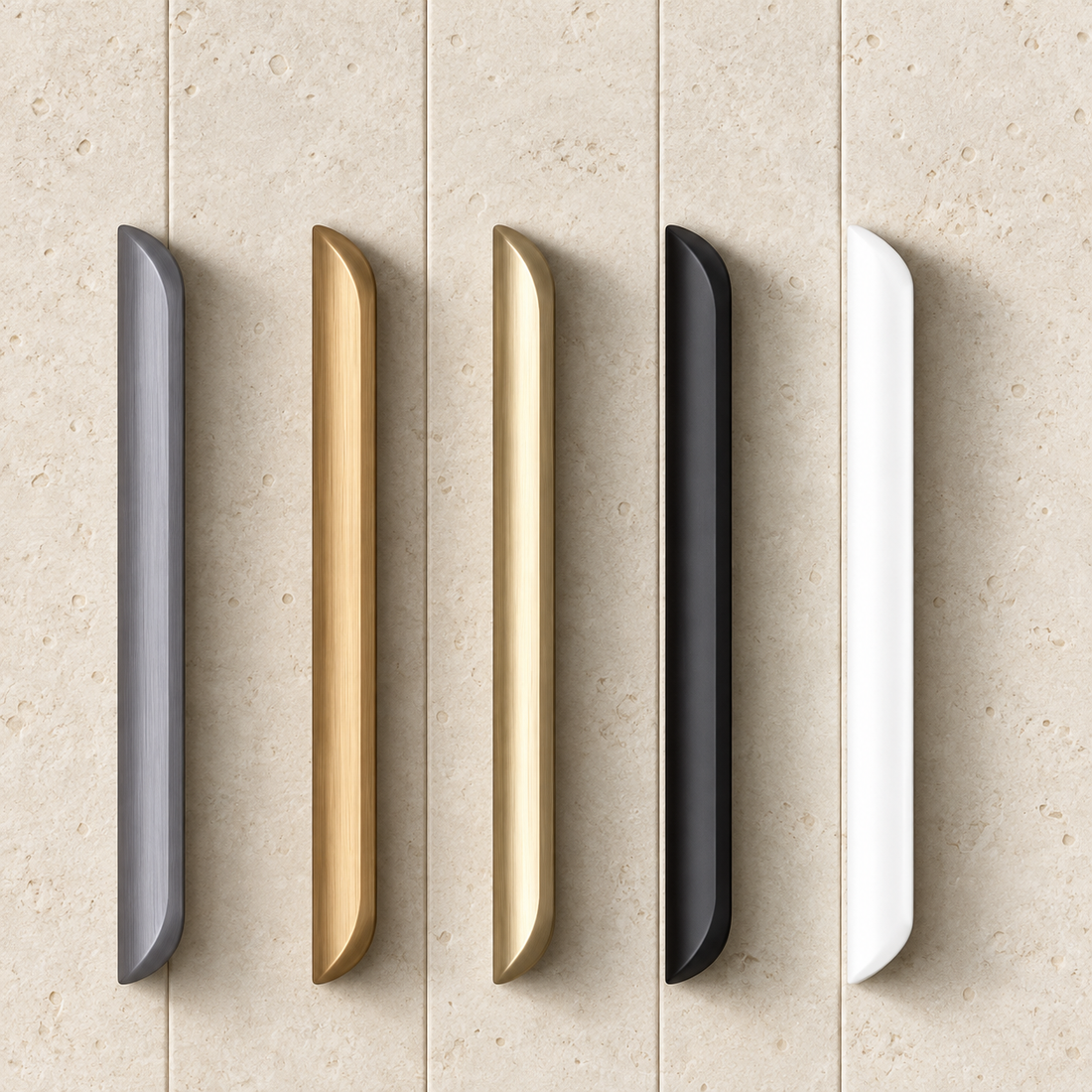Invisible Aluminum Edge Pull Handle displayed on pale limestone.