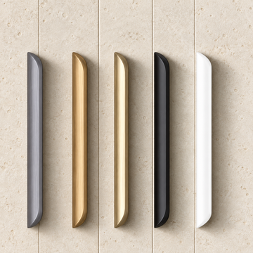 Invisible Aluminum Edge Pull Handle displayed on pale limestone.