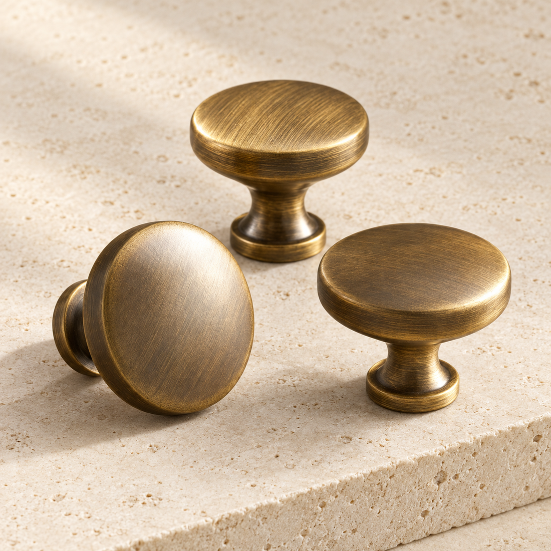 Solid Brass Cabinet Knob on pale limestone.