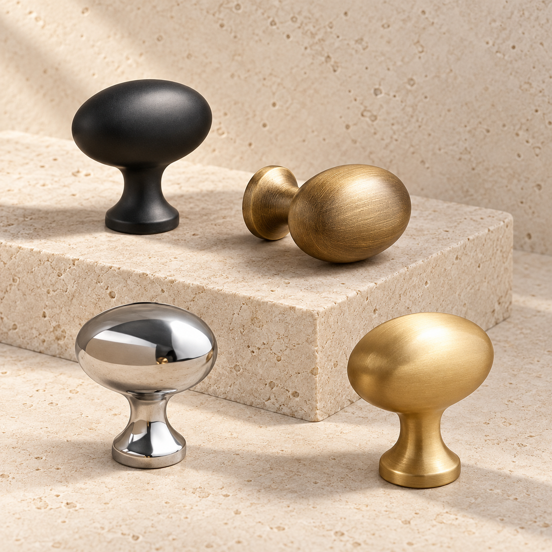 Solid Brass Cabinet Knob on pale limestone.
