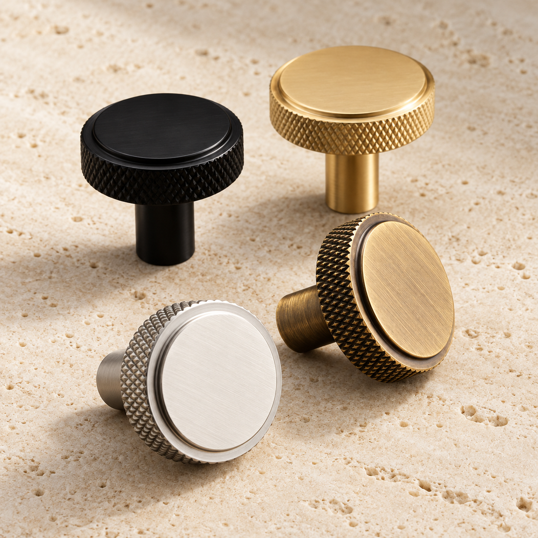 Solid Brass Knurled Cabinet knob displayed on pale limestone.