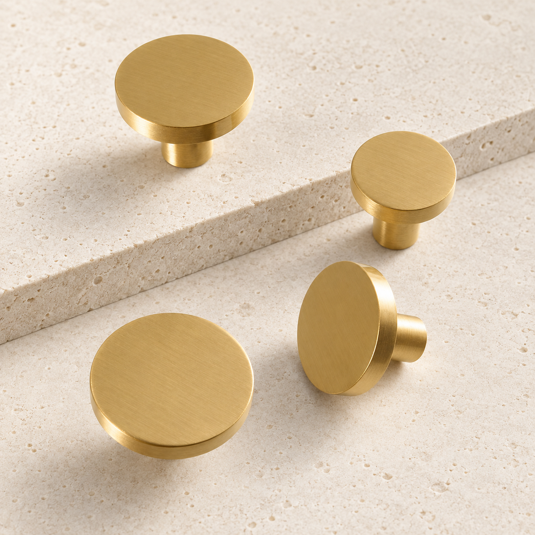 Solid Brass Round Cabinet Knob & Wall Hook on pale limestone.
