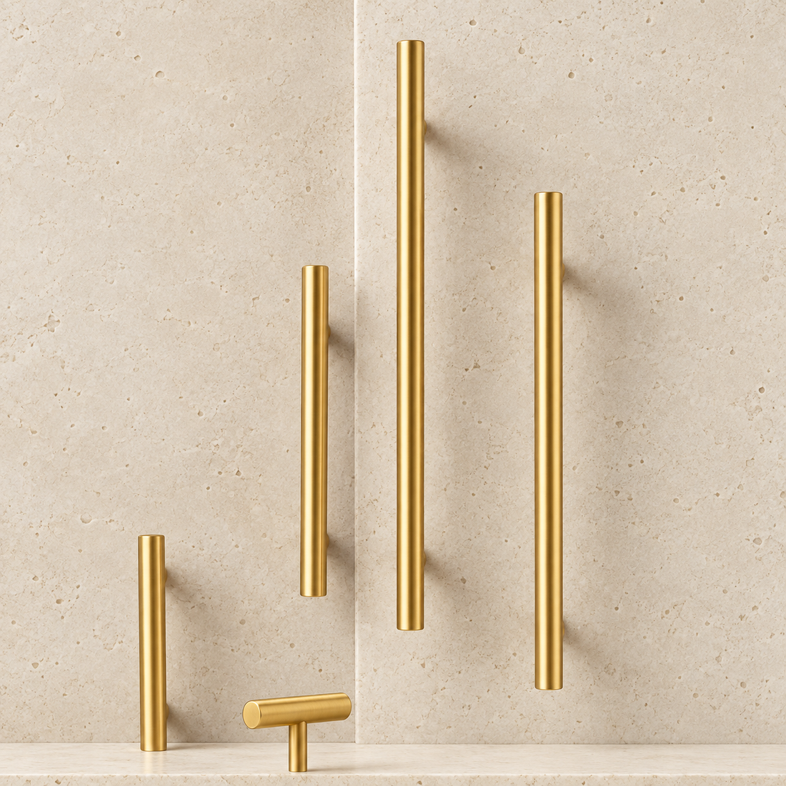 Solid Brass T-Bar Cabinet Handle displayed on pale limestone.