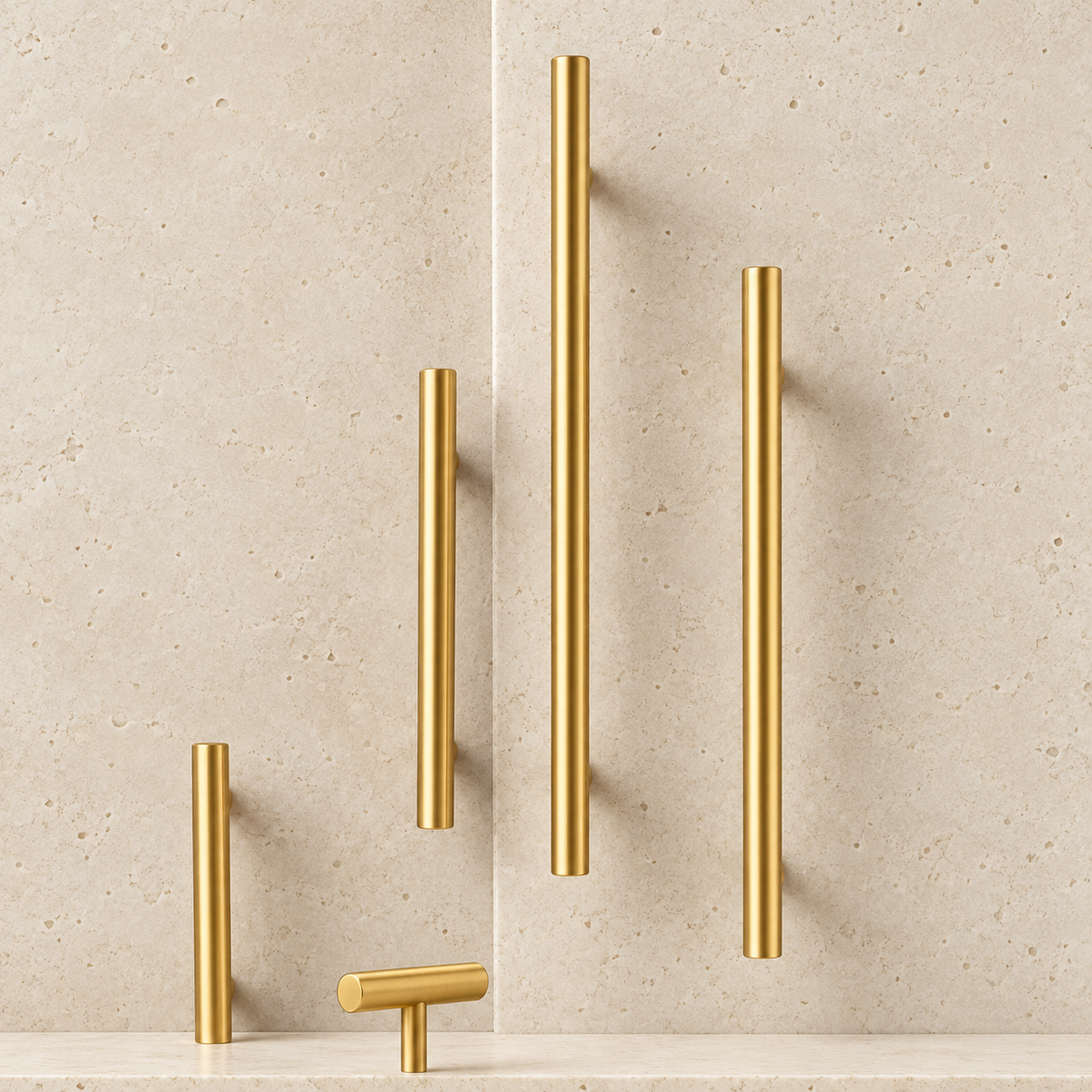 Solid Brass T-Bar Cabinet Handle displayed on pale limestone.