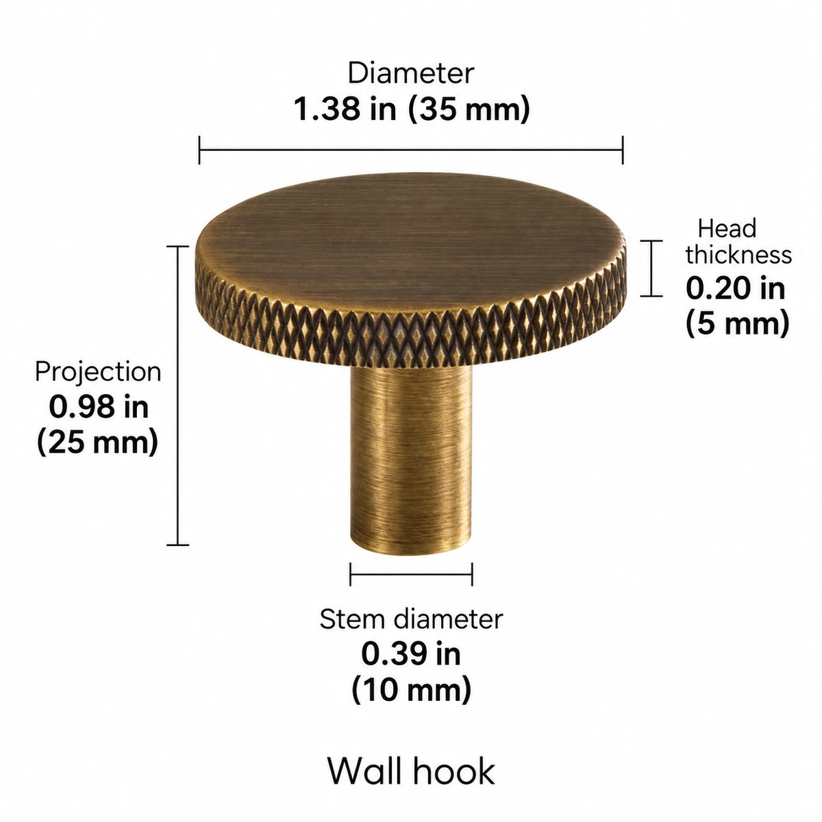 Knurled-rim hook — antique brass — 1.38 in (35 mm) diameter; Diameter 1.38 in (35 mm); Projection 0.98 in (25 mm); Stem diameter 0.39 in (10 mm); Head thickness 0.20 in (5 mm); Wall hook