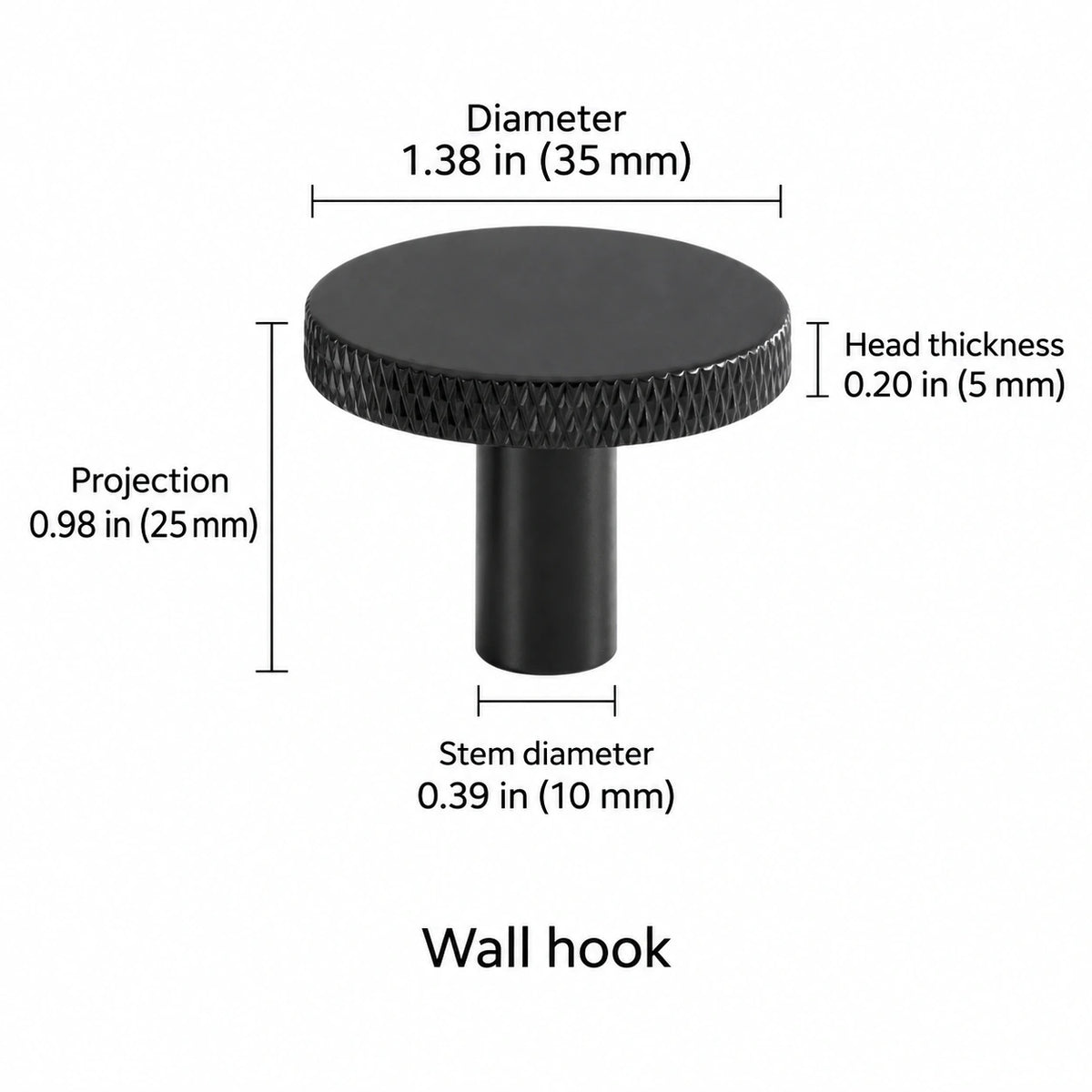 Knurled-rim hook — black — 1.38 in (35 mm) diameter; Diameter 1.38 in (35 mm); Projection 0.98 in (25 mm); Stem diameter 0.39 in (10 mm); Head thickness 0.20 in (5 mm); Wall hook