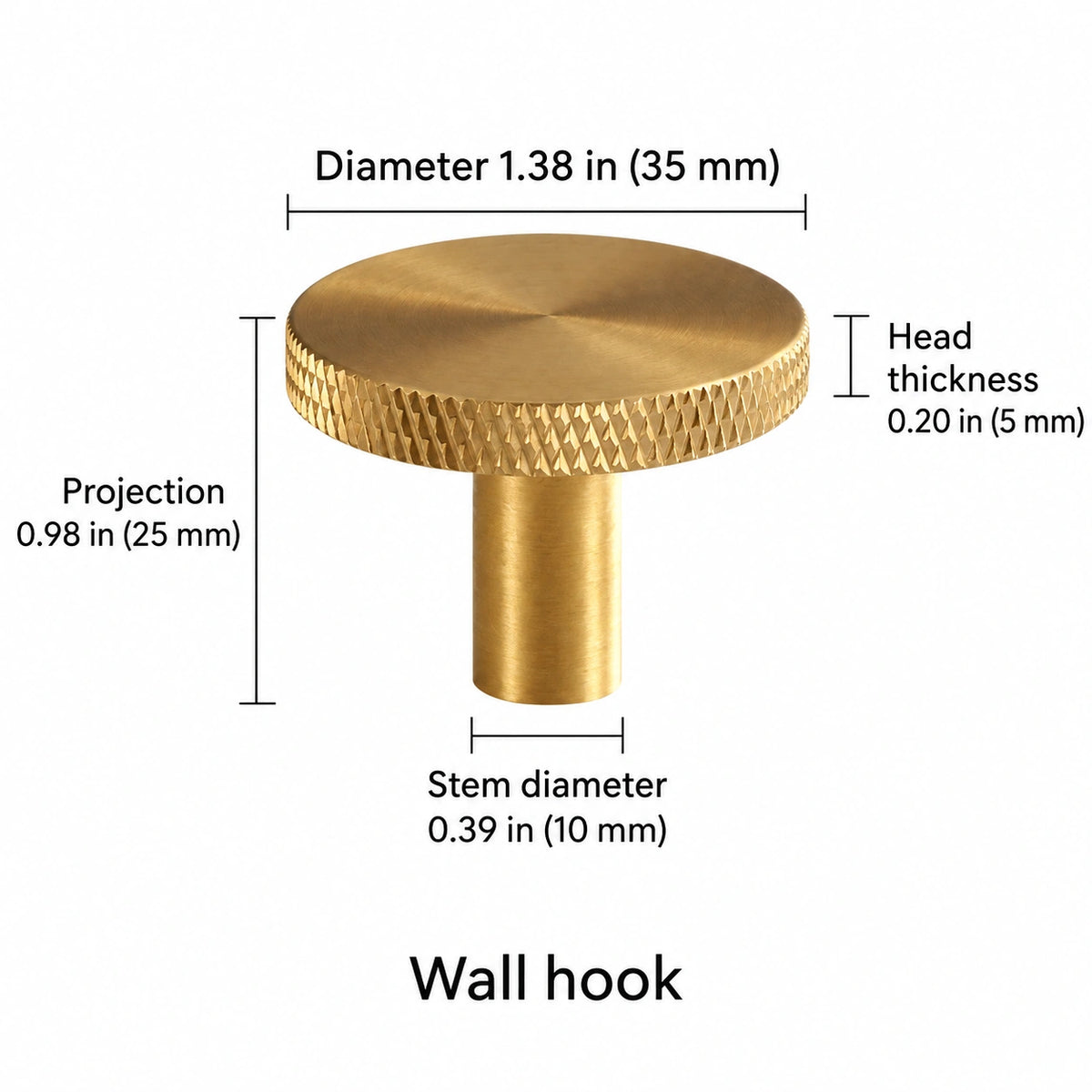 Knurled-rim hook — brass — 1.38 in (35 mm) diameter; Diameter 1.38 in (35 mm); Projection 0.98 in (25 mm); Stem diameter 0.39 in (10 mm); Head thickness 0.20 in (5 mm); Wall hook