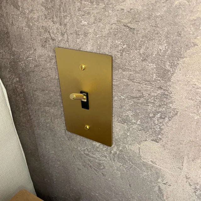 Brass toggle light switch installed on a textured grey wall.