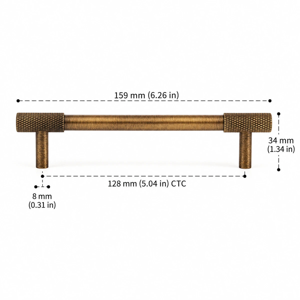 Knurled End Pull — 5.04″ (128 mm) CTC antique brass hardware dimensions in inches and mm