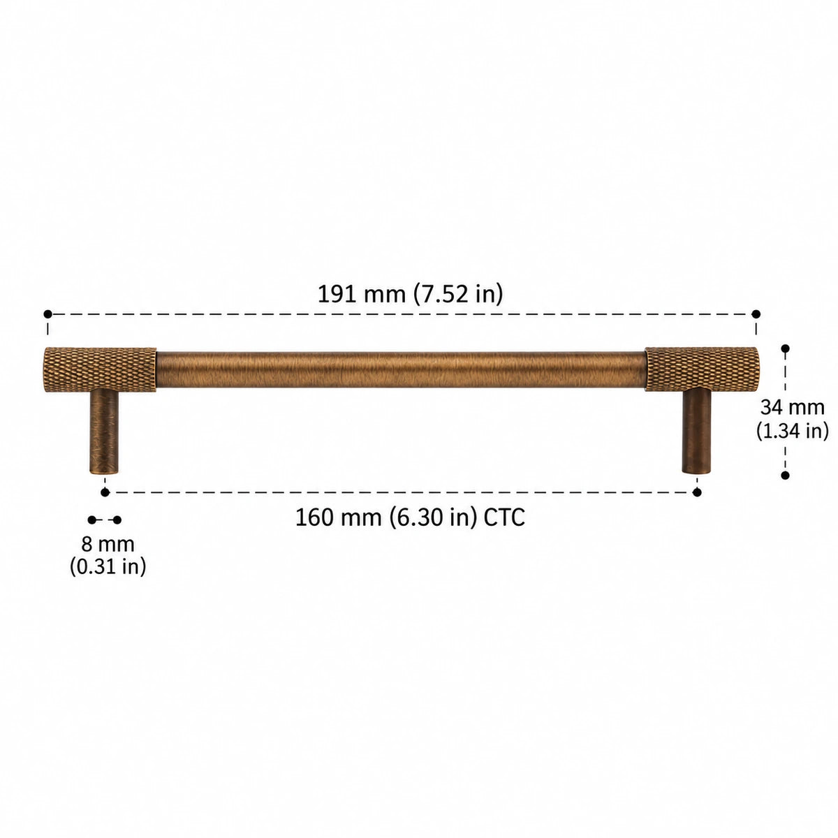 Knurled End Pull — 6.30″ (160 mm) CTC antique brass hardware dimensions in inches and mm