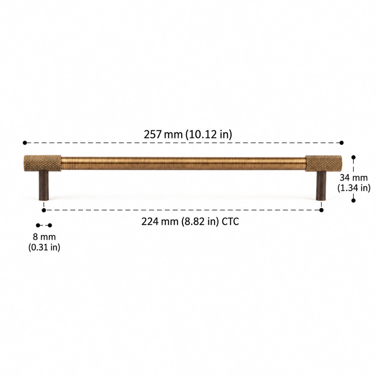 Knurled End Pull — 8.82″ (224 mm) CTC antique brass hardware dimensions in inches and mm