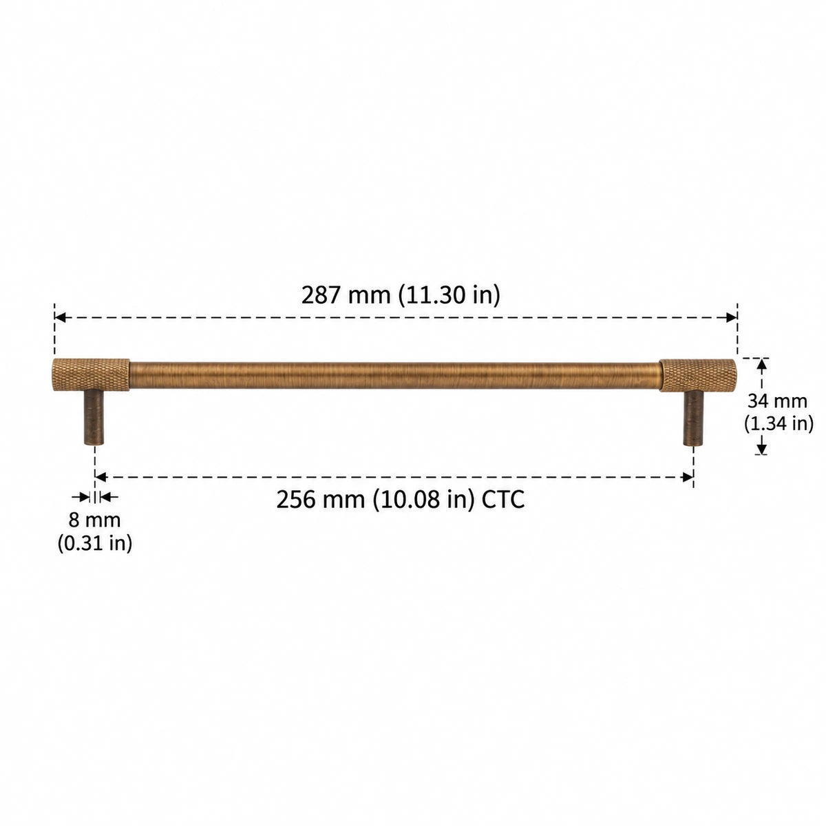 Knurled End Pull — 10.08″ (256 mm) CTC antique brass hardware dimensions in inches and mm