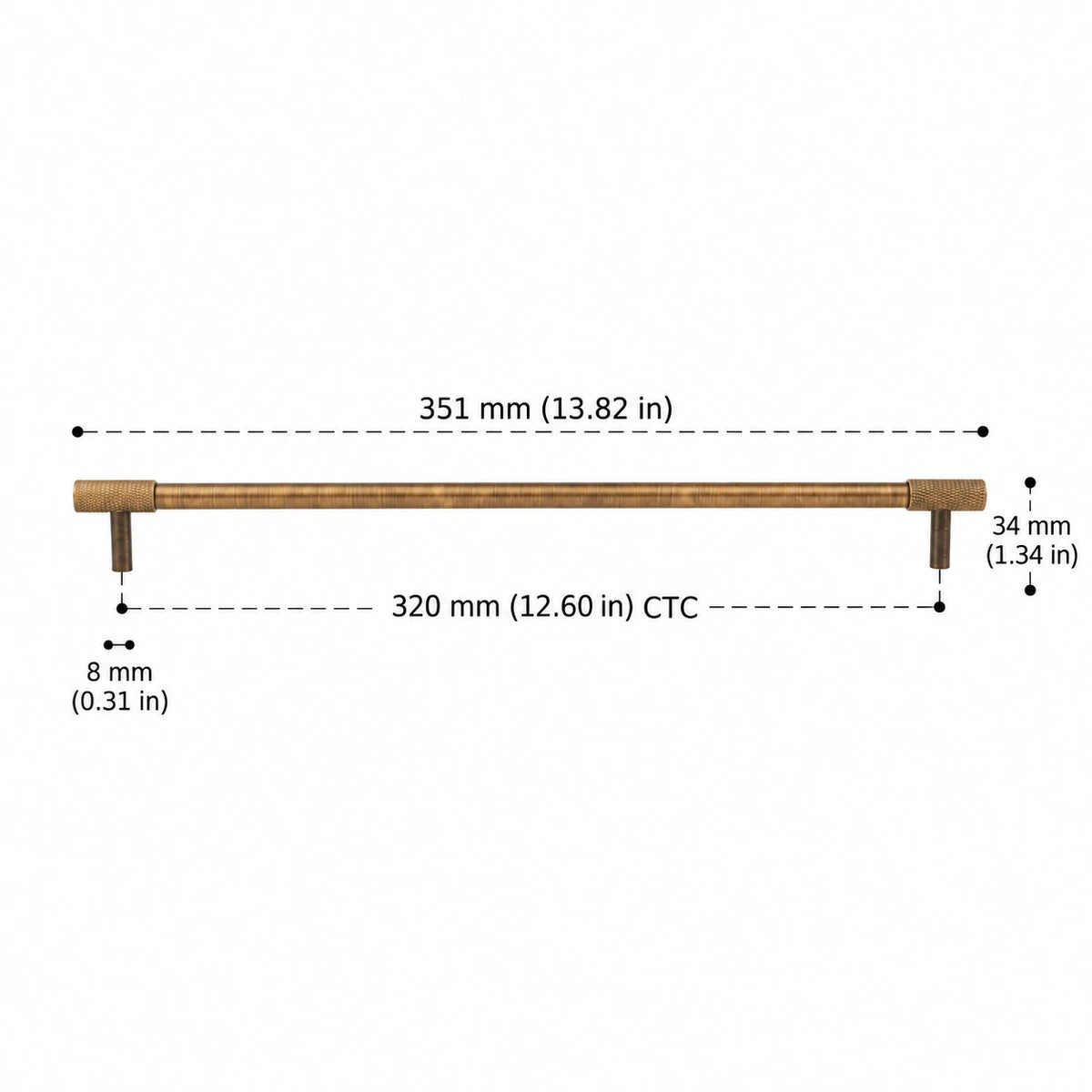 Knurled End Pull — 12.60″ (320 mm) CTC antique brass hardware dimensions in inches and mm