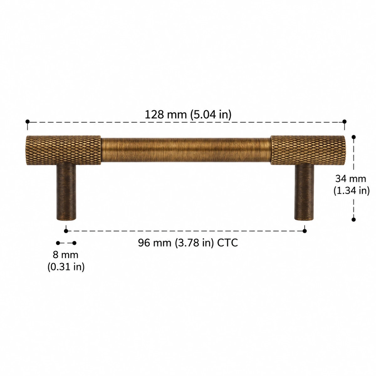 Knurled End Pull — 3.78″ (96 mm) CTC antique brass hardware dimensions in inches and mm