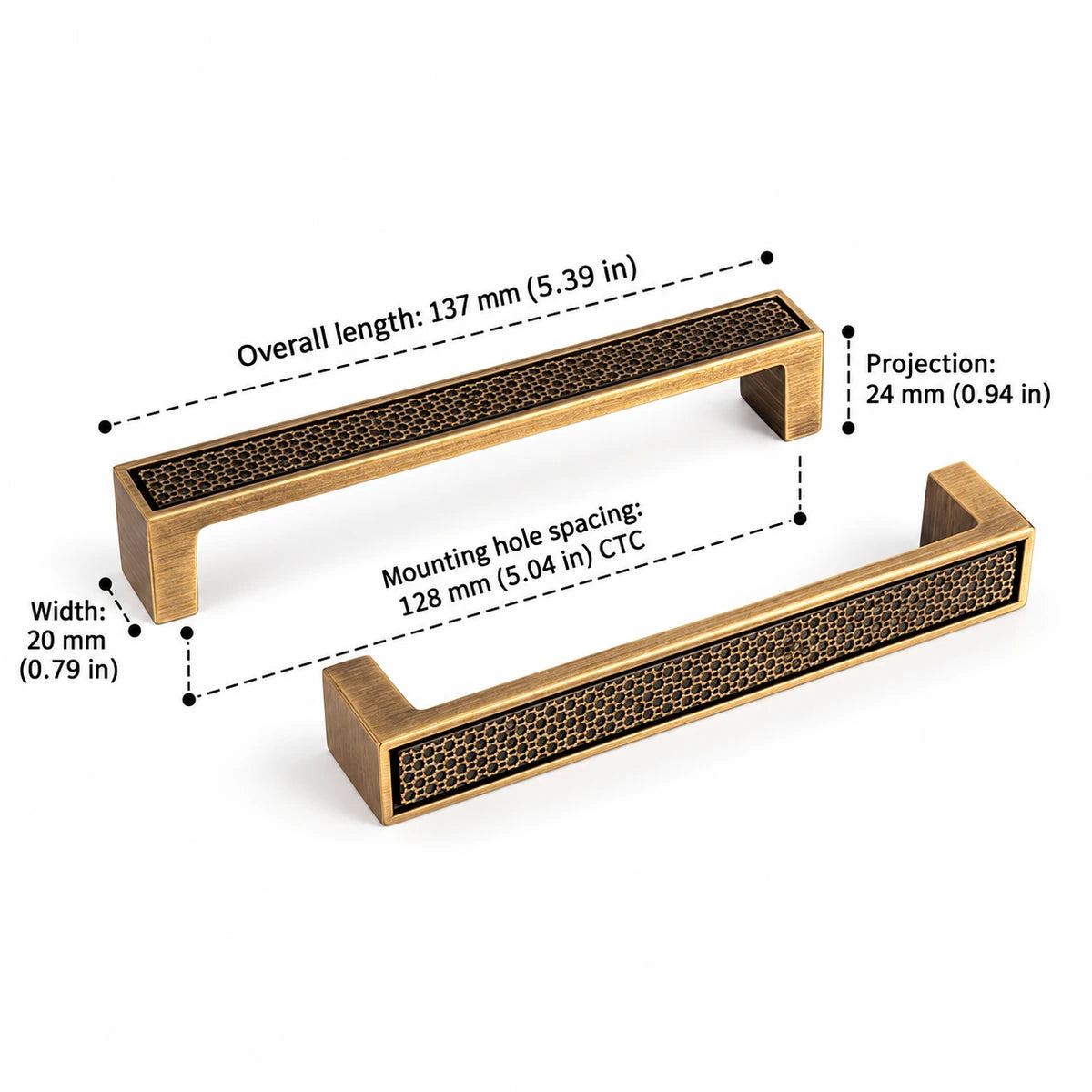 Lattice bar pull dimensions: 5.04 inch (128 mm) CTC and 5.39 inch (137 mm) length