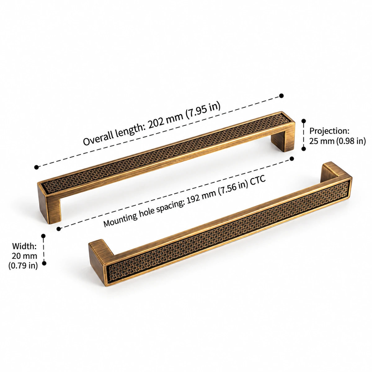 Lattice bar pull dimensions: 7.56 inch (192 mm) CTC and 7.95 inch (202 mm) length