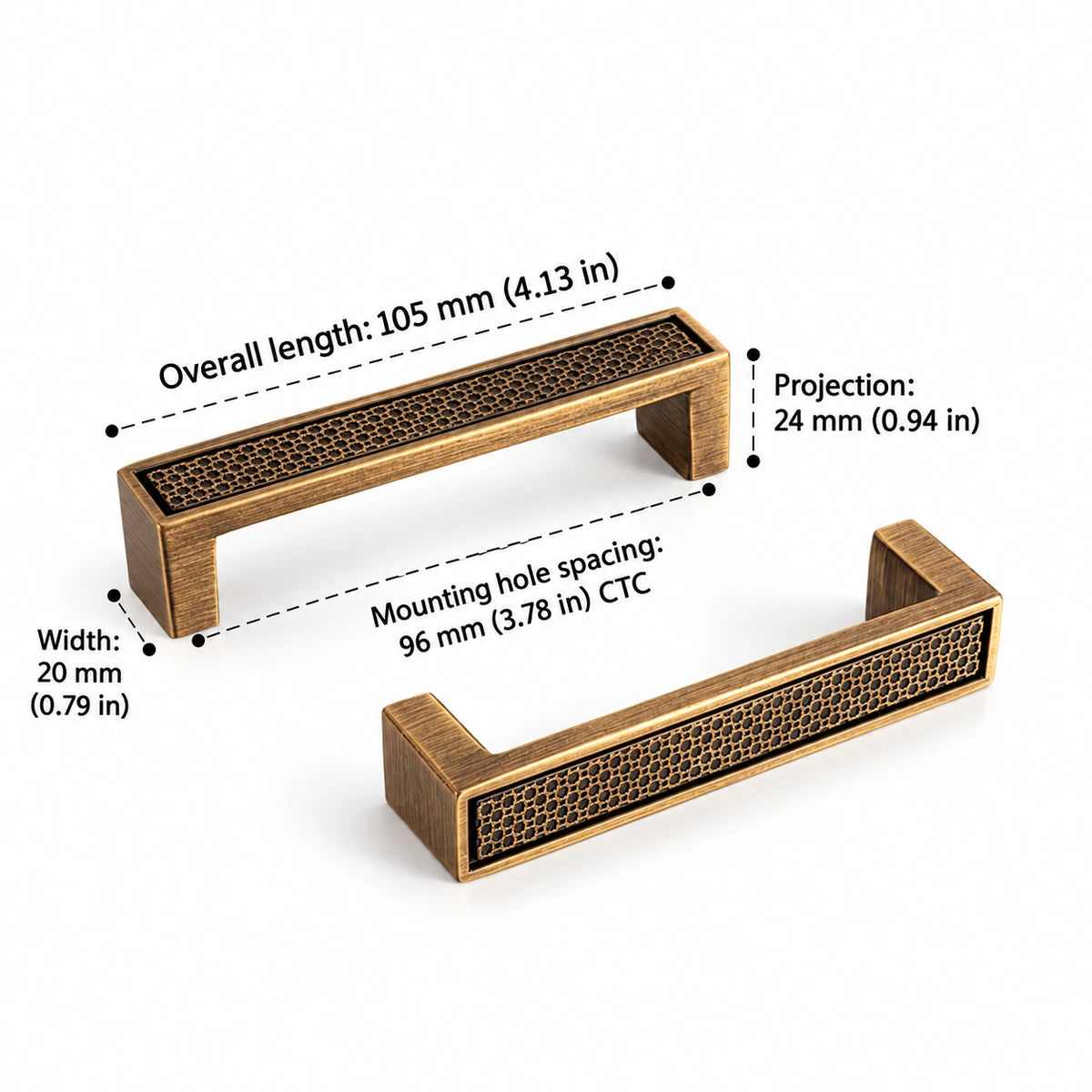 Lattice bar pull dimensions: 3.78 inch (96 mm) CTC and 4.13 inch (105 mm) length