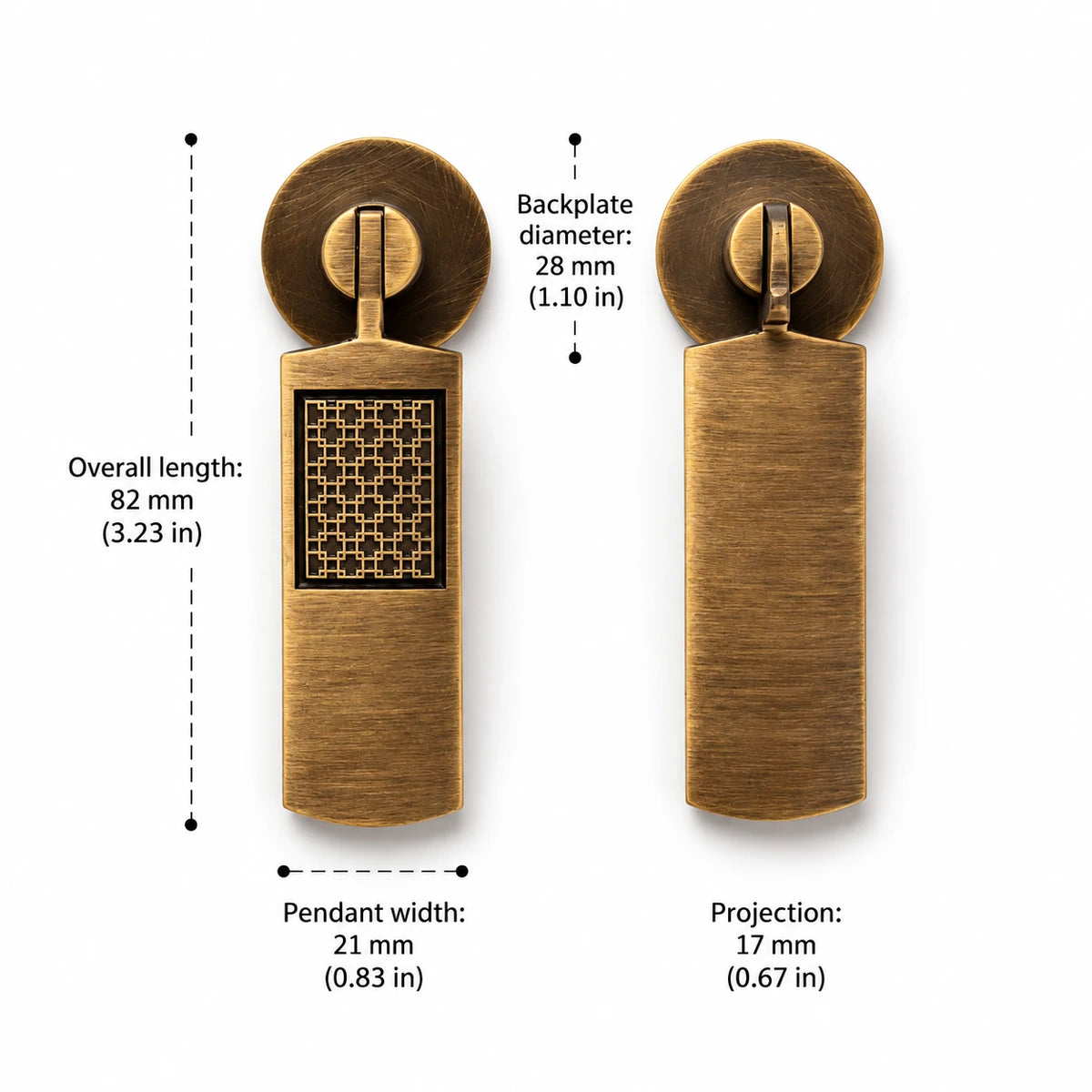 Lattice pendant dimensions: 3.23 inch (82 mm) length and 1.10 inch (28 mm) backplate