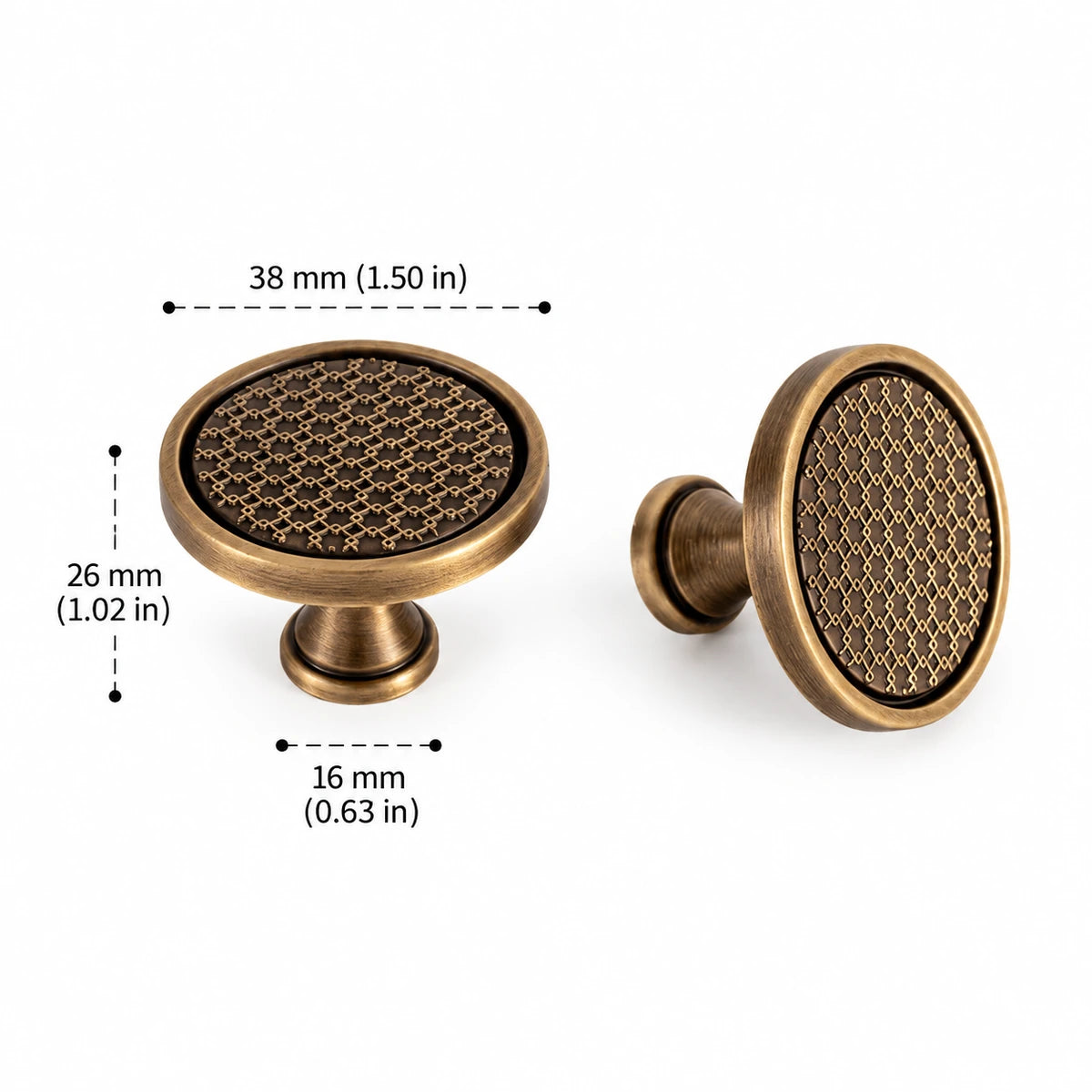 Lattice cabinet knob dimensions: 1.50 inch (38 mm) diameter and 1.02 inch (26 mm) projection