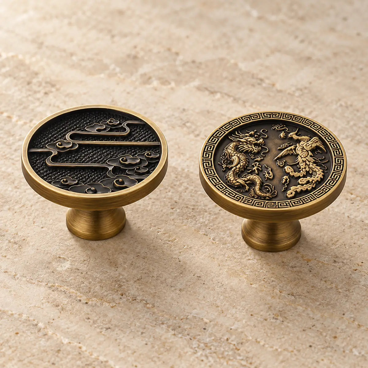 Cloud and dragon-and-phoenix antique brass cabinet knob face details