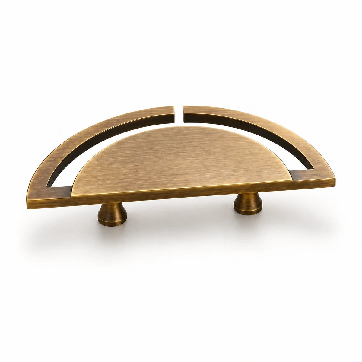 Plain antique brass semicircle cabinet pull with open outer arc and mounting stems