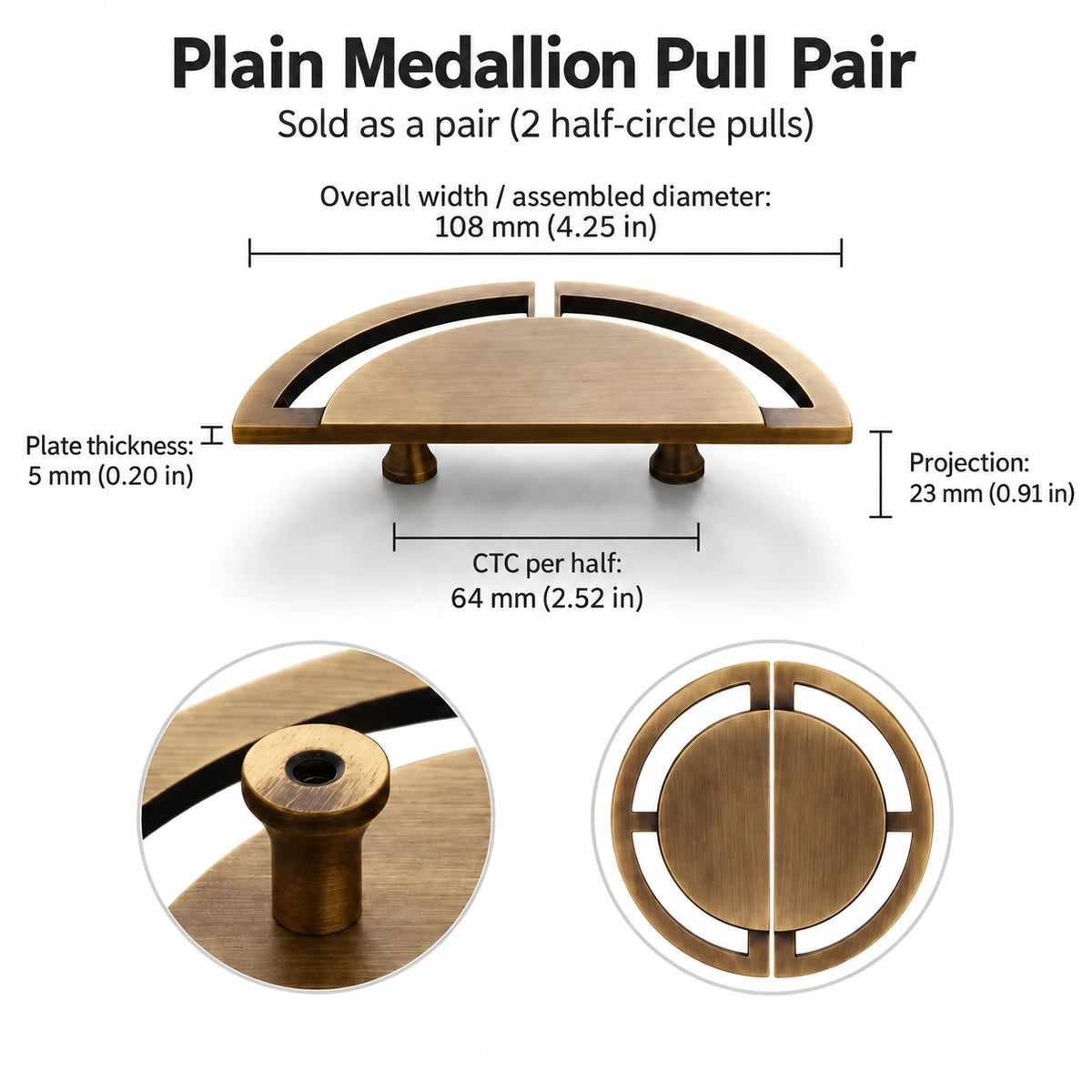 Plain Medallion Pull Pair in antique brass: 108 mm overall size, 64 mm CTC per half, measurement chart in mm and inches