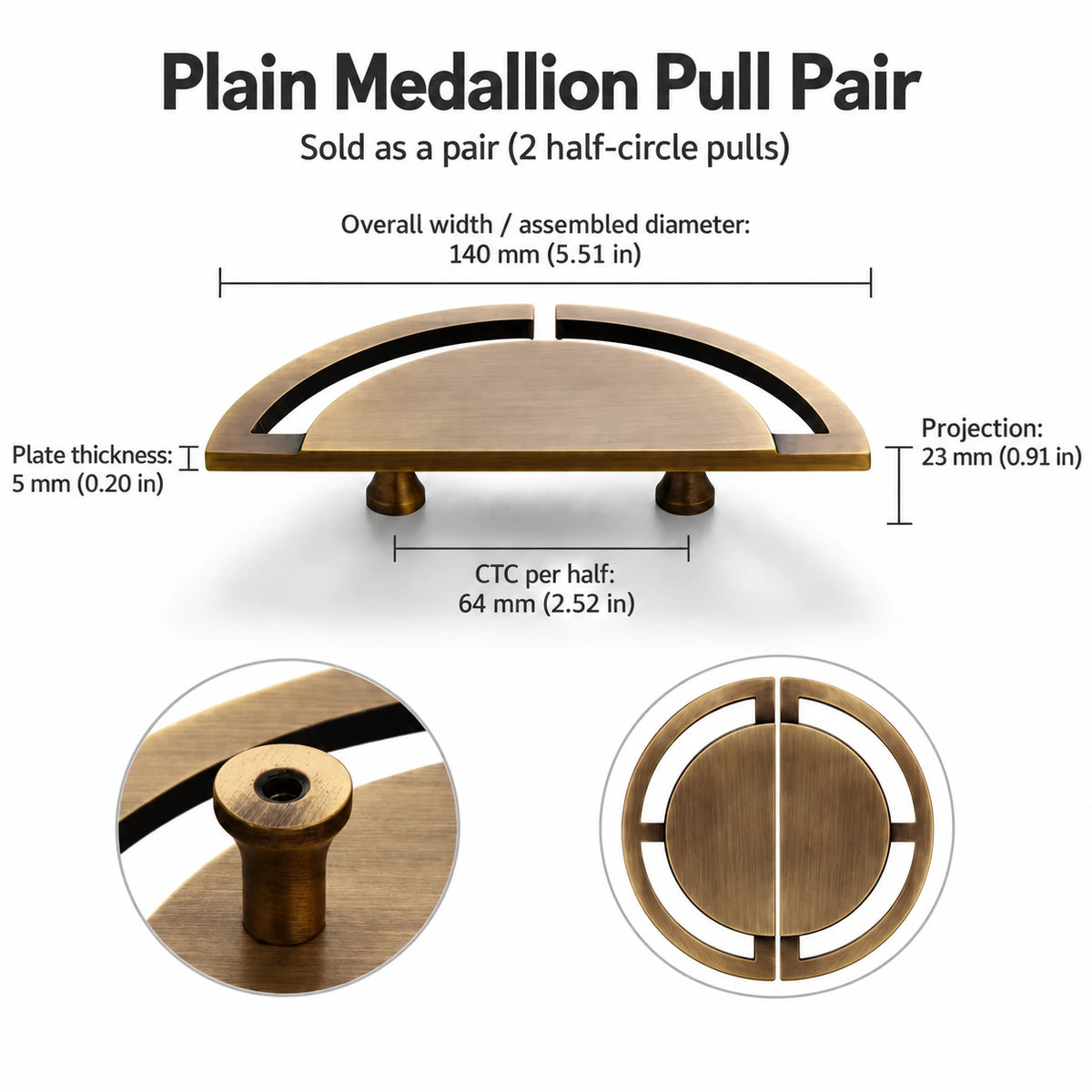 Plain Medallion Pull Pair in antique brass: 140 mm overall size, 64 mm CTC per half, measurement chart in mm and inches