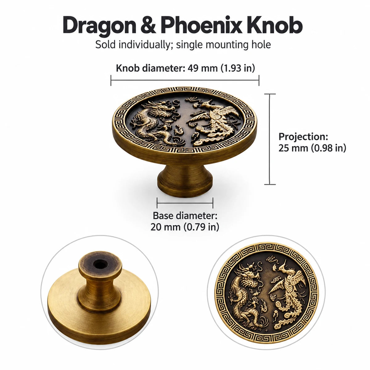 Dragon & Phoenix Knob in antique brass: 49 mm overall size, measurement chart in mm and inches