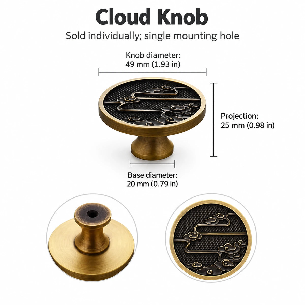 Cloud Knob in antique brass: 49 mm overall size, measurement chart in mm and inches