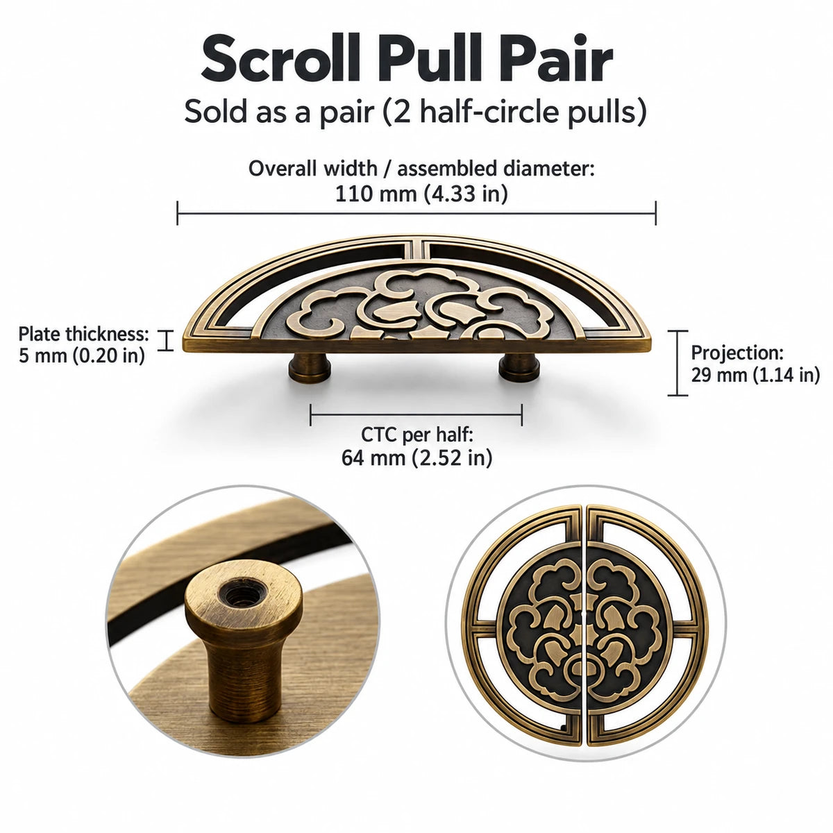 Scroll Pull Pair in antique brass: 110 mm overall size, 64 mm CTC per half, measurement chart in mm and inches