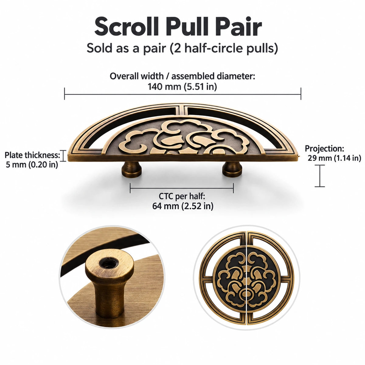 Scroll Pull Pair in antique brass: 140 mm overall size, 64 mm CTC per half, measurement chart in mm and inches