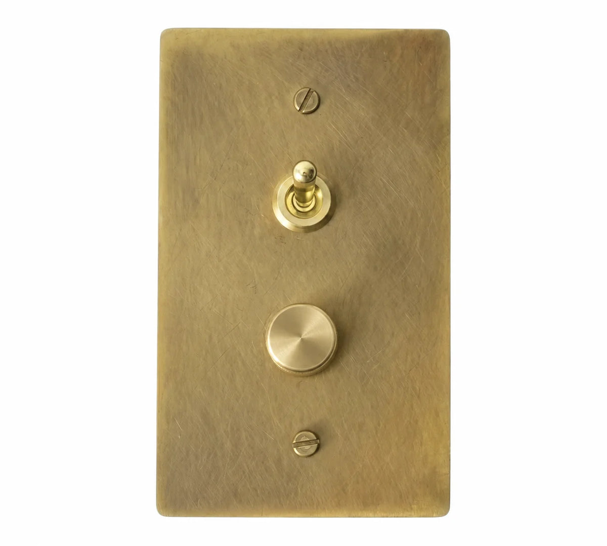 1-gang antique brass (hand-brushed) plate. One smooth brass retro toggle above one 250W single-pole brass rotary dimmer, stacked vertically on a single-gang plate.