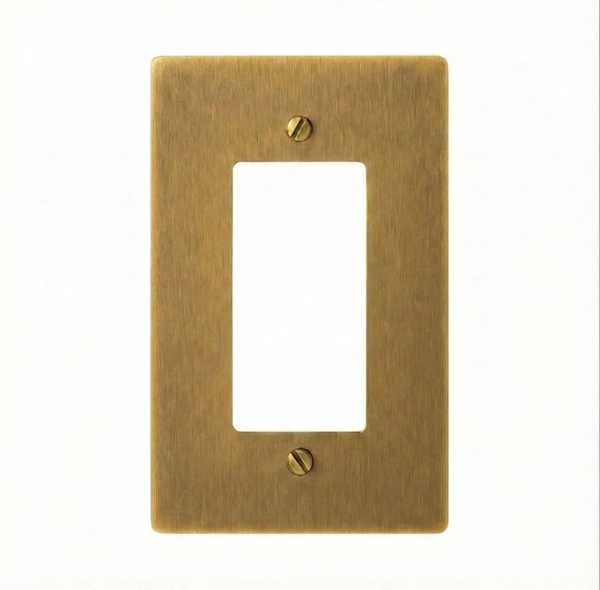 One antique brass (hand-brushed) single-gang faceplate with an empty rectangular decorator/outlet opening and brass screws. Plate only; no outlet, switch or dimmer is included.