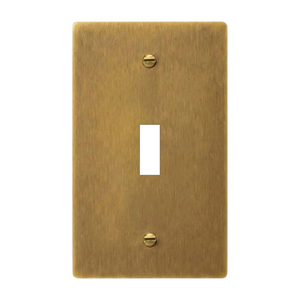 One antique brass (hand-brushed) single-gang faceplate with an empty standard rectangular toggle opening and brass screws. Plate only; no toggle switch is included.