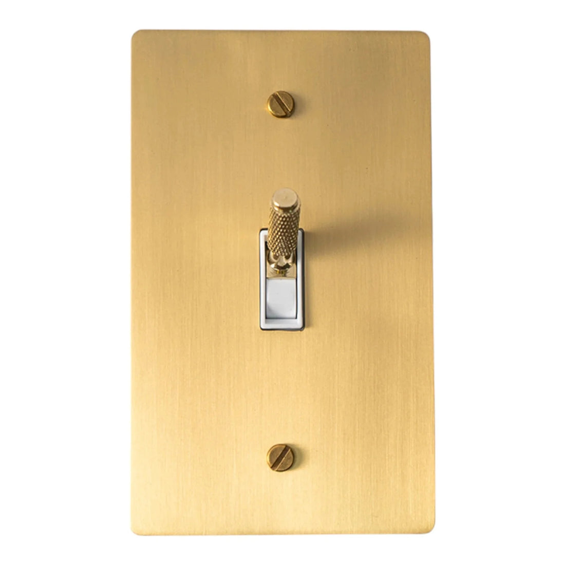 Satin-brass single-gang plate with a brass knurled toggle, white plastic insert and brass mounting screws