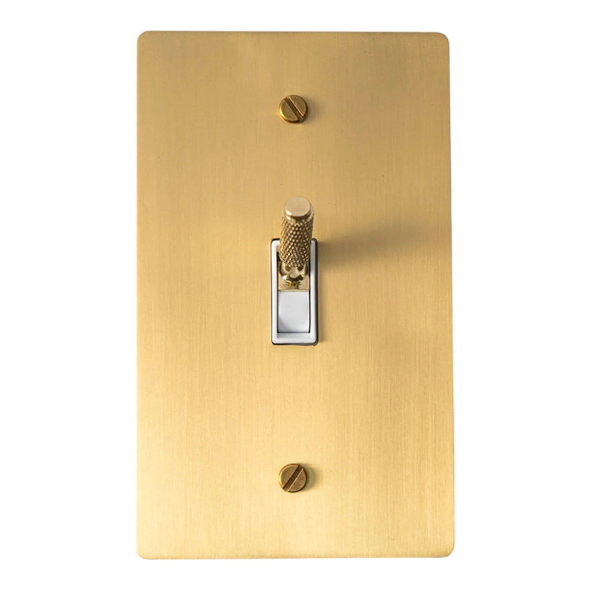 Satin-brass single-gang plate with a brass knurled toggle, white plastic insert and brass mounting screws