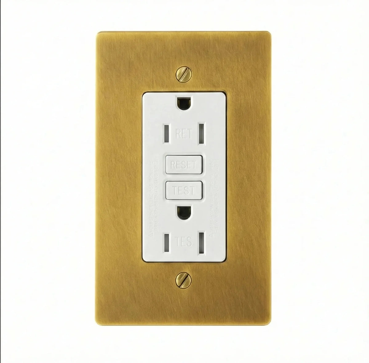 White 15A GFCI outlet in an antique brass hand-brushed single-gang plate with brass screws