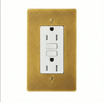 White 15A GFCI outlet in an antique brass hand-brushed single-gang plate with brass screws
