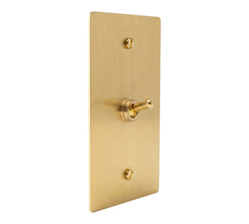 One smooth brass retro toggle with momentary, spring-return action: the toggle returns after being pressed. Satin-brass single-gang plate, brass toggle and screws.