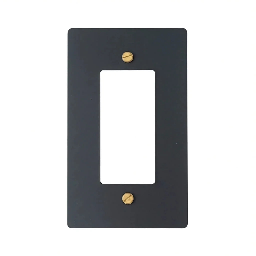 One black single-gang faceplate with an empty rectangular decorator/outlet opening and brass screws. Plate only; no outlet, switch or dimmer is included.