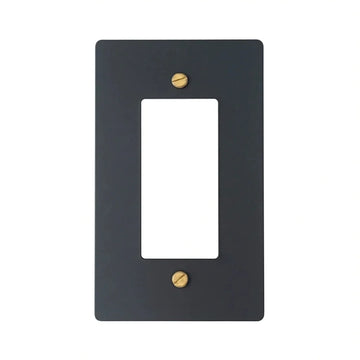One black single-gang faceplate with an empty rectangular decorator/outlet opening and brass screws. Plate only; no outlet, switch or dimmer is included.