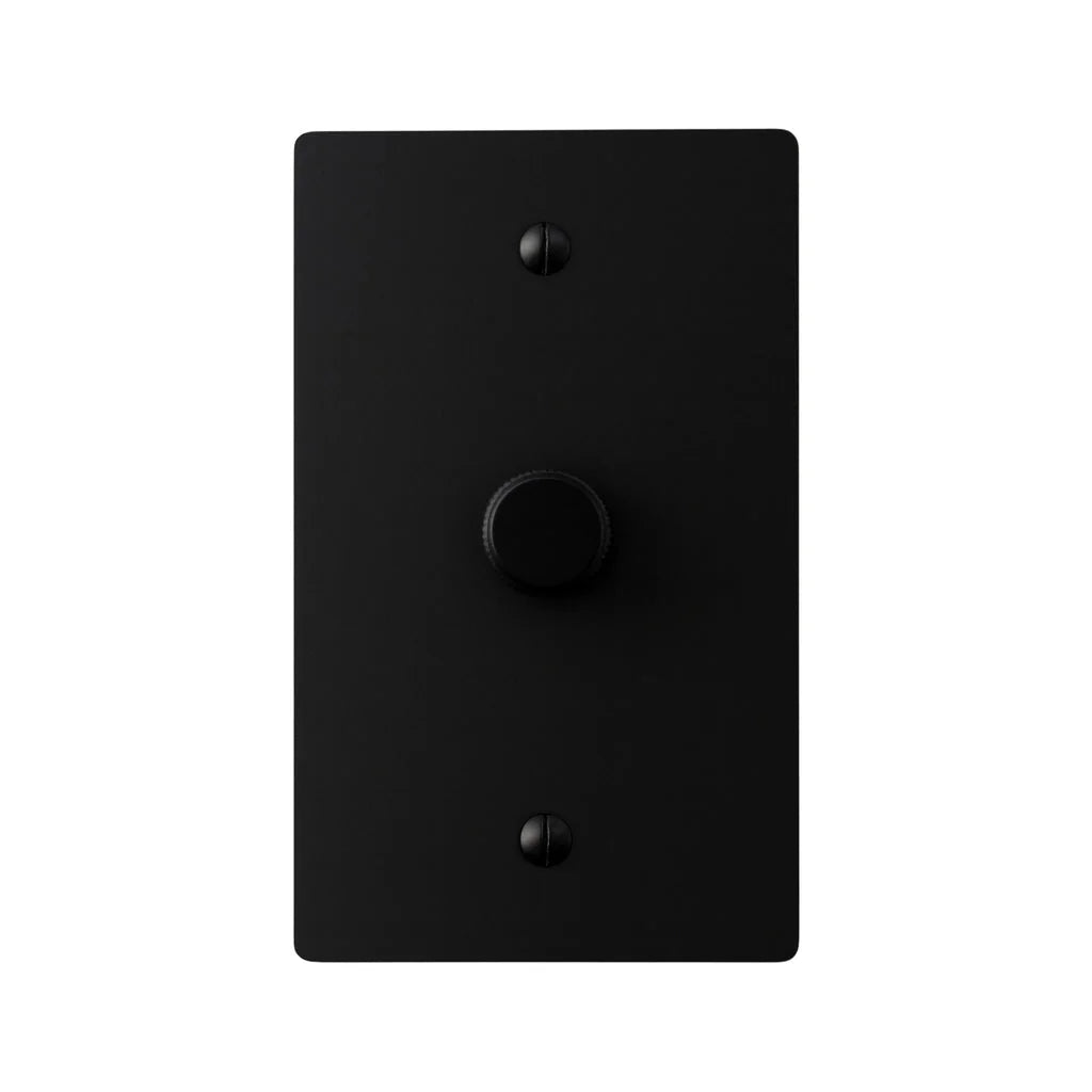 Black single-gang plate with a black rotary dimmer knob and black mounting screws