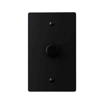 Black single-gang plate with a black rotary dimmer knob and black mounting screws