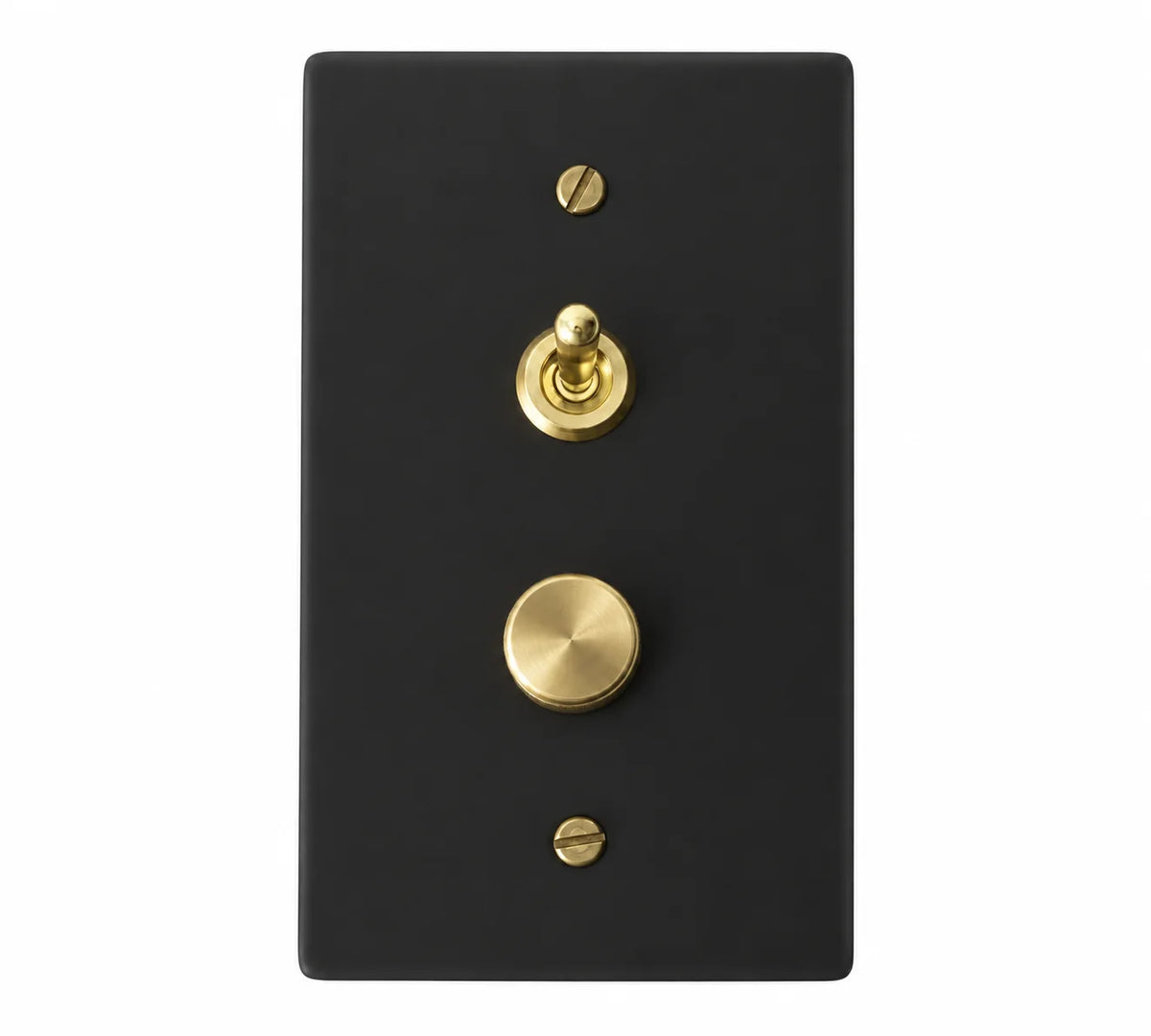 Black single-gang plate with a smooth brass retro toggle above a brass rotary dimmer knob and two brass screws