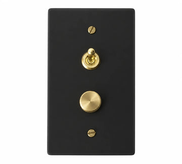 Black single-gang plate with a smooth brass retro toggle above a brass rotary dimmer knob and two brass screws